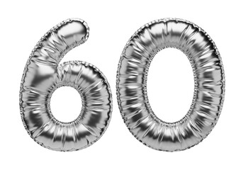 60. Glossy inflatable balloon with the number sixty. Silver volumetric numbers isolated on a transparent background. For anniversaries, birthdays, sales, greeting cards.