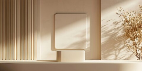 3d render. Abstract beige background with sunlight on the wall, square frame and empty podium. Modern minimal showcase scene for product presentation, Generative AI