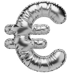 EUR. Euro icon. European currency sign in the shape of a balloon, isolated on a transparent background. An inflatable balloon of chrome color with a glossy texture.