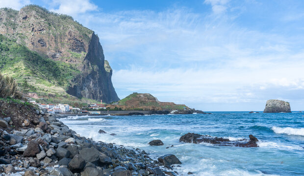 Porto da Cruz town Madeira Portugal. Ocean cliffs.