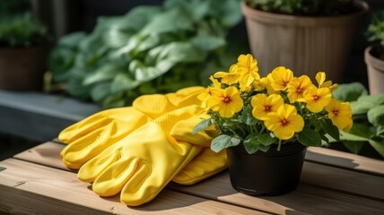 Bright yellow gardening gloves lie ready among green seedlings and blooming flowers in flowerpots on a rustic wooden background created with Generative AI