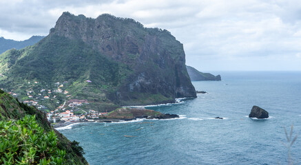 Fototapeta premium Porto da Cruz town Madeira Portugal. Ocean cliffs.