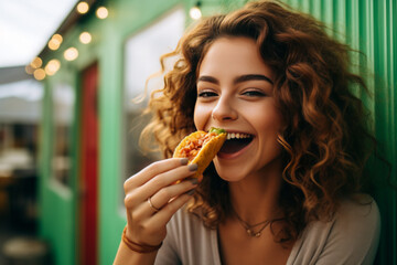 Young woman eating taco on a food court