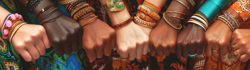 A diverse Women's Fists Wearing Equality Bracelets Against White Backdrop for International Women's Day - obrazy, fototapety, plakaty