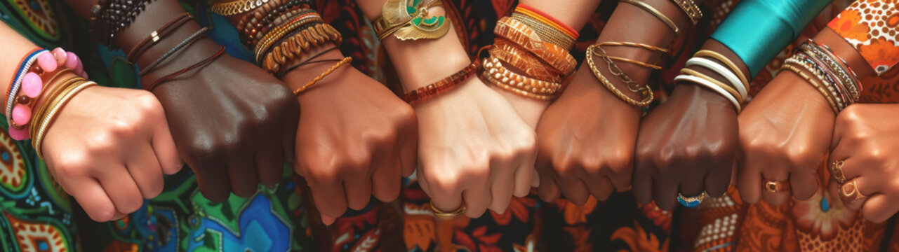 A diverse Women's Fists Wearing Equality Bracelets Against White Backdrop for International Women's Day