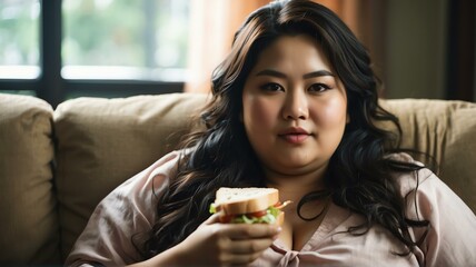 An overweight asian woman relaxing on the sofa and eating a sandwich from Generative AI