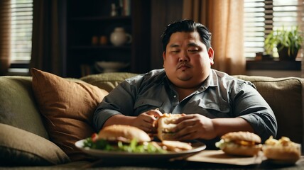Fototapeta premium An overweight asian man relaxing on the sofa and eating a sandwich from Generative AI