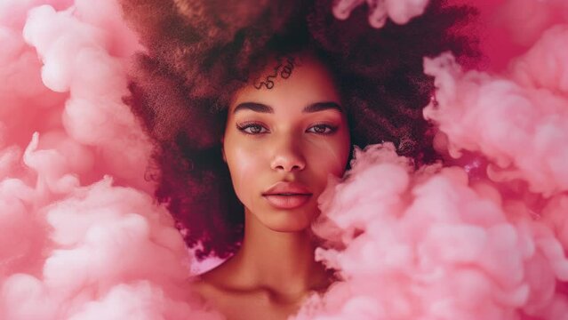 Beautiful fashion woman in pink shoot with soft clouds around her