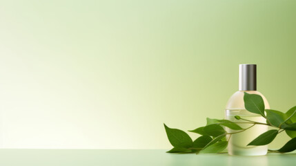 Cosmetic bottle with tropical leaves on the green background with copy space