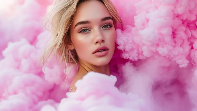 Beautiful fashion woman in pink shoot with soft clouds around her