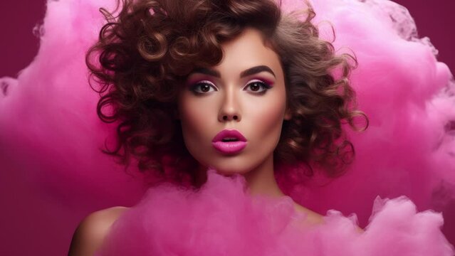 Beautiful fashion woman in pink shoot with soft clouds around her