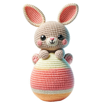 Amigurumi Easter bunny on pastel Easter egg isolated on a transparent background