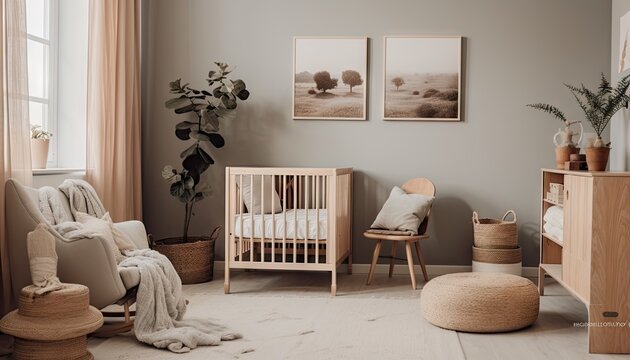 A Babys Room With Crib, Chair, Rug, and Pictures On