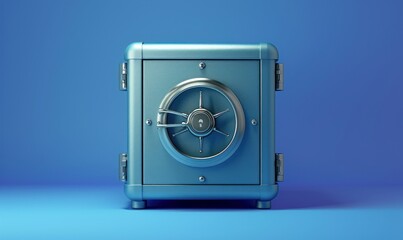 3d render, closed metallic safe box isolated on blue background. Frontal view. Banking safety clip art, Generative AI