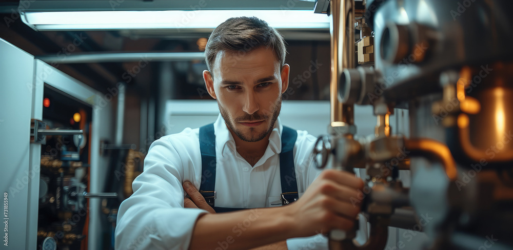 Aufkleber professional plumber doing a boiler check. generative ai.