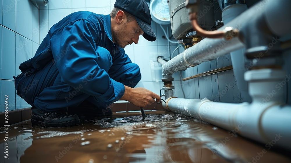 Poster a plumber checking snaking drain. generative ai.