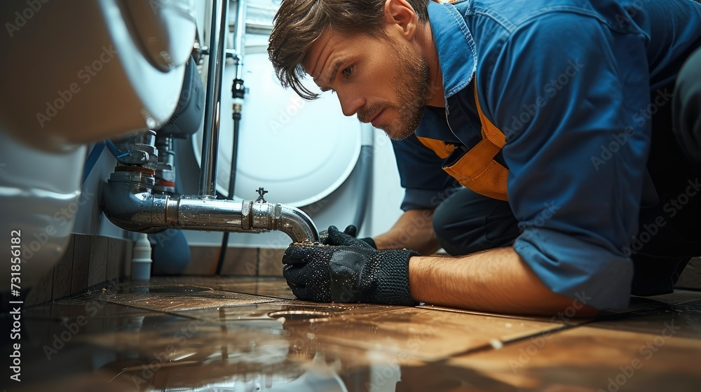 Poster a plumber checking snaking drain. generative ai.