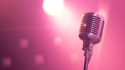 Fototapeta na wymiar Retro Vintage Silver Microphone on Stage with Spotlight on Pink Background with Copy Space. Voice, Sound Idea.