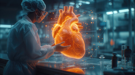cardiologist Diagnosing patient heart examination results and human anatomy with an AI network-based electronic medical record database. Innovation and technology. Digital healthcare based on hologram