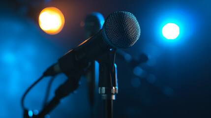 Classic Black Microphone on Stage with Spotlight Illuminating the Performance, Blue Background.