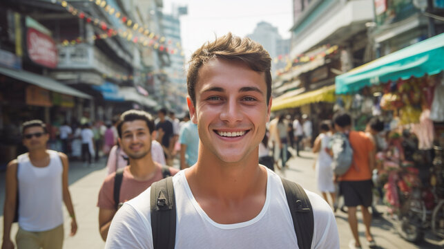 Selfie picture of a happy young handsome man smiling at the camera ,street view in bangkok city.