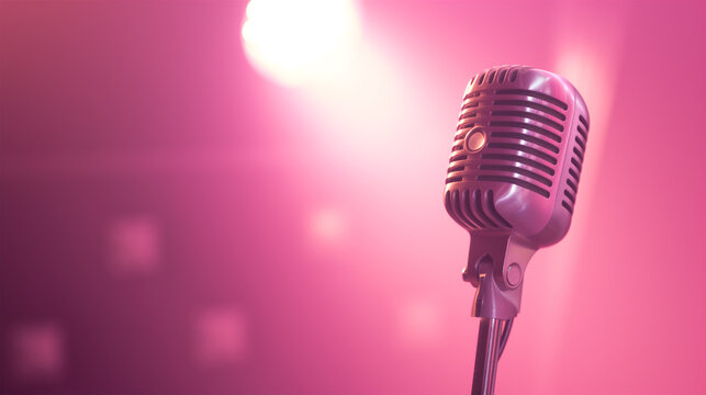 Retro Vintage Silver Microphone on Stage with Spotlight on Pink Background with Copy Space. Voice, Sound Idea.