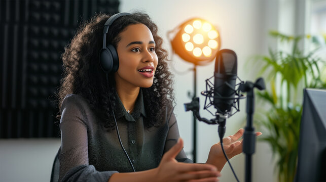 Black Woman Recording Podcast or Radio Audition in Audio Studio with Headphones and Microphone, Speaker, Journalist, Influencer, Content Creator. - Powered by Adobe