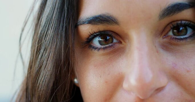 Woman, eyes or closeup of face on summer vacation, relax or vision with microblading of eyebrows. Young person, portrait and make up or mascara for beauty, skincare and cosmetology with shiny hair