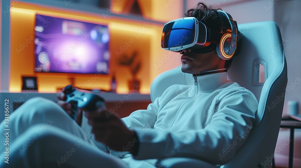Leinwandbilder a man immersed in a virtual reality experience, wearing a vr headset and holding a game controller. 