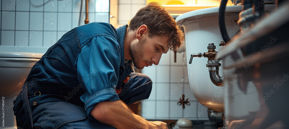 Poster a plumber checking snaking drain. generative ai.