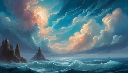 Surreal Digital Seascape with Celestial Clouds