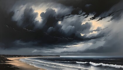 Mysterious Gothic Coastal Landscape with Dark Toned Acrylic Sea Painting and Brooding Clouds