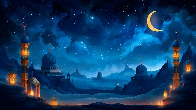 Silhouette of mosque and lantern at night with view of the crescent moon on starry sky, for an Islamic theme. seamless looping 4k time-lapse animation video background