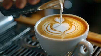 Close-up of professionally extracting coffee by barista with a pouring steamed milk into coffee cup making beautiful latte art. coffee, extraction, deep, cup, art, barista concept - obrazy, fototapety, plakaty