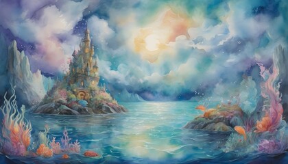 Magical Mermaid Lagoon: Watercolor Fantasy Sea Painting with Whimsical Clouds