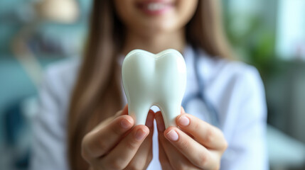 Dentist doctor holds a dental model with big healthy teeth. - obrazy, fototapety, plakaty