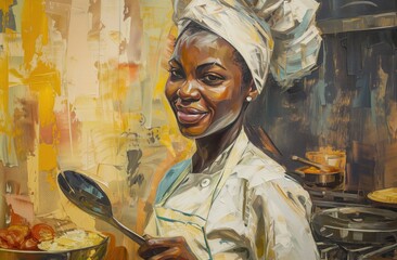 Black woman chef with a spatula in a corporate kitchen