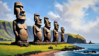 Ancient Moai Statues of Easter Island - obrazy, fototapety, plakaty