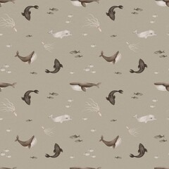 Vintage marine inhabitants in brown and beige tones, seamless pattern warm shades create an atmosphere of antiquity, giving the images of the created marine world a sophisticated and stylish character