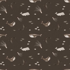 Vintage marine inhabitants in brown and beige tones, seamless pattern warm shades create an atmosphere of antiquity, giving the images of the created marine world a sophisticated and stylish character