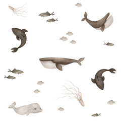Vintage marine inhabitants in brown and beige tones: warm shades create an atmosphere of antiquity, giving the images of the created marine world a sophisticated and stylish character. © Xeniya