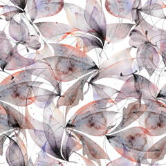 Watercolor butterfly seamless pattern. Abstract ethereal print with blue purple butterflies, black lines on white background. Hand drawn illustration. 