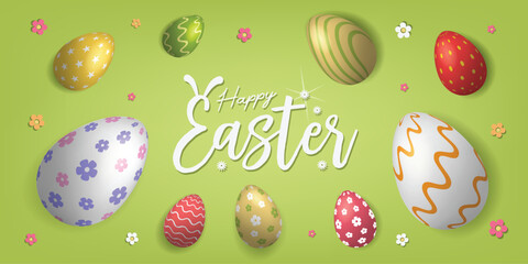 Fototapeta na wymiar realistic 3d Happy Easter template greeting, green color with flowers for Easter day Vector Illustration design