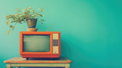 Retro old orange TV receiver on table front gradient aquamarine wall background. Vintage style filtered photo