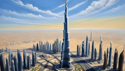 Keuken foto achterwand Aquarelschilderij wolkenkrabber  Oil Painting of the Majestic Burj Khalifa Tower Soaring into the Dubai Skyline