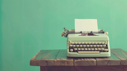 Retro old typewriter with paper on wooden table front mint green background - obrazy, fototapety, plakaty