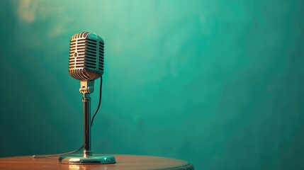 Retro style microphone on table in front aquamarine wall background