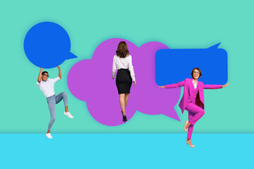 Fototapeta na wymiar Creative collage image poster three funny happy cheerful young women speak communication distance work exclusive colorful background