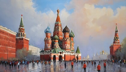 Beautiful oil painting of the historic Red Square in Moscow with the iconic St. Basil's Cathedral in the background - obrazy, fototapety, plakaty