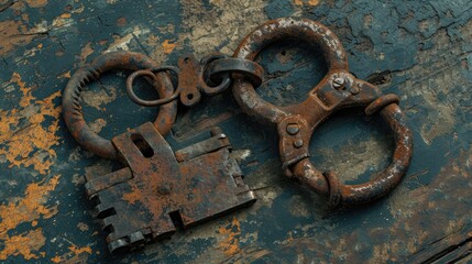 Rusty old shackles with padlock, key and open handcuff used for locking up prisoners or slaves
